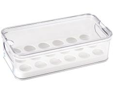 iDesign Huevera de plástico para 18 huevos, caja de huevos apilable de plástico sin BPA, huevera portátil para nevera o armarios de cocina, transparente y blanco
