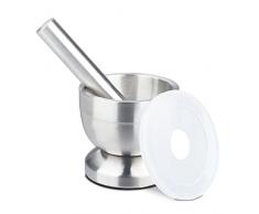 Relaxdays Mortero Cocina con Maja, Acero Inoxidable, Tapa, Especias, Base Antideslizante, DiÃ¡metro 10 cm, 200 ml, Gris, Plata, 1 Pieza