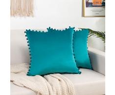 Elegant Comfort POMS - Juego de 2 Fundas de Almohada cuadradas Decorativas de Terciopelo Suave y sÃ³lido para sofÃ¡, Cama, Sala de Estar, 18 x 18 Pulgadas, Color Turquesa