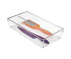 iDesign Cubertero para dividir cajones, separador de cajones grande de plástico con 2 compartimentos, ideal como organizador de cajones de cocina, transparente