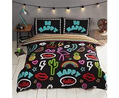 Rapport Funky Neon - Juego de Funda de edredón Reversible a Rayas, polialgodón, Color Negro, Cama Doble