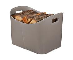 Relaxdays Cesta de madera de piel sintética XL, resistente para leña con asas, leña y chimenea, cesta multiusos, color gris oscuro