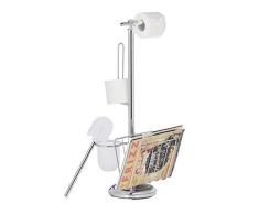 Relaxdays Escobillero Portarrollos de BaÃ±o con Revistero, Hierro Cromado, Plateado-Negro, 69 x 30 x 22 cm