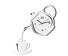 FLEXISTYLE - Reloj de Pared Moderno para la Cocina, Taza y Tetera Blanca, 45 cm x 45 cm, 3D, silencioso, diseño