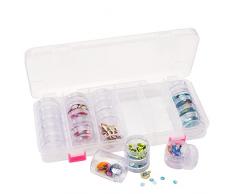 Vaessen Creative Caja de Almacenamiento con 6 Compartimentos y 28 frascos, Organizador Transparente para Guardar Diamond Painting Cuentas, Purpurina y Otros Suministros de Manualidades, 27x11,5x4,2 cm