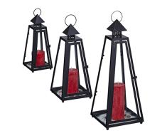 Relaxdays Set 3 Portavelas, Farol Decorativo para Interior y Exterior, 3 Tamaños, Metal, Cristal, Farolillo Vela, Negro