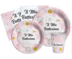 Ciao- Kit Mesa Fiesta Party Battesimo para 8 personas (44 piezas: 8 platos Ã23cm, 8 platos Ã18cm, 8 vasos 200ml, 20 servilletas 33x33cm) in eco-friendly compostable paper, rosa