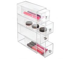 iDesign Organizador de maquillaje con 4 cajones, minicómoda estrecha de plástico, mini cajonera para cosméticos para uso vertical u horizontal, transparente