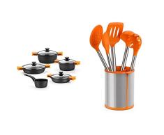BRA Efficient - BaterÃ­a 5 piezas, de aluminio fundido con antiadherente, apta ] & Efficient Conjunto De 5 Utensilios De Cocina Y Carrusel, Acero INOX, Nailon y Silicona, Naranja