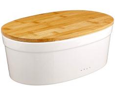 Kela 12064 Salena - Panera de cerámica con tapa de bambú, 36,5 x 23,5 x 14 cm, color blanco y madera