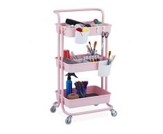 Relaxdays Carrito Auxiliar, 3 Niveles, Multiusos para Cocina y Oficina, Camarera 86 x 43 x 34 cm, Metal y PlÃ¡stico, Rosa, 50% Acero 40% 10% Fieltro