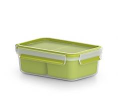Emsa Clip&Go Snack - Recipiente hermÃ©tico de plÃ¡stico con 2 compartimentos y bandeja independiente para comer, totalmente hermÃ©tico y libre de BPA, rectangular, 1L