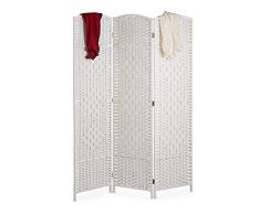 Relaxdays Biombo 3 Paneles, 170 x 120 cm Aprox, Separador Ambientes Plegable, Madera y Cuerda de Papel, Blanco