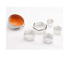 Thermohauser 8300031780 - Juego de moldes para galletas (acero inoxidable, hexagonal, borde liso, 6 piezas) 4,5 â 9,5 cm, empaquetado en caja de almacenamiento de hojalata.