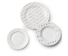 UNITED COLORS OF BENETTON- Vajilla de Porcelana, Para 6 Comensales, 6 Platos Hondos, 6 Llanos y 6 de Postre, Diseño de Puntos de Colores