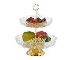Relaxdays Soporte Tartas, Frutero Cristal 2 Pisos, 30x24,5 cm, Vidrio y Metal, Bandejas Cupcakes, Transparente y Dorado, 90% 10% Hierro