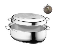 Tostador WMF con tapa, apto para horno, 8,5 l, tostador de inducción, acero inoxidable Cromargan, tapa de inducción, termómetro de tostado, 41x28x18,5 cm