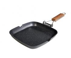 WECOOK! Ecochef Grill Asador Inducción Liso 20 X 20cm, Antiadherente QUANTANIUM Ecológico sin PFOA, Aluminio Fundido, 5mm Espesor, Mango Madera Plegable, Apta Todas las Cocinas Vitrocerámica, Gas