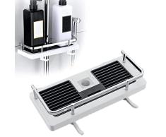 KKNE Estante de Almacenamiento Sin Agujeros, Estante Ducha Sin Taladro, Estante Ducha Elevable Regulable, Hay 2 Ganchos Direccionales Ajustables, Apto Para Baño Cocinaï¼Negro ï¼ Blanco Agujero Redondoï¼