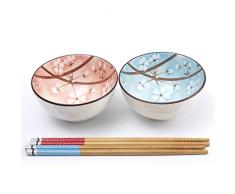 lachineuse - Juego de 2 cuencos japoneses de flores de cerezo Sakura â 11cm - Blancos, Rosa y Azul - Tazones de arroz, sopa - 2 pares de palillos - Cuenco asiático Japón - Regalo de vajilla japonesa