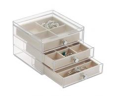 InterDesign Clarity Jewelry Joyero organizador | Caja joyero con 3 cajones y 17 compartimentos | Organizador de joyas antiarañazos | Plástico transparente/marfil