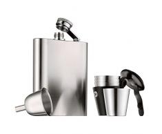 WMF - Manhattan Juego Petaca, 4 Vasos Chupitos, Embudo, Estuche Cuero, Acero Inoxidable 18/10, Mate, Regalo