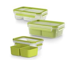 Emsa Clip&Go Set 3 hermÃ©ticos - HermÃ©ticos de 0,55L + 1L + 0,60L, sistema de 4 cierres, con compartimentos, transporte seguro, hermÃ©tico higiÃ©nico, sin BPA, apto microondas y lavavajillas, verde