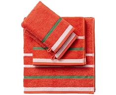 UNITED COLORS OF BENETTON.- Set de 4 Piezas con Toalla 50 x 90 cm, Toalla de Lavabo 70 x 140 cm y Guantes de Ducha 15 x 21 cm, 100% AlgodÃ³n, Compacta, Secado RÃ¡pido y Apta para Lavadora - Rojo
