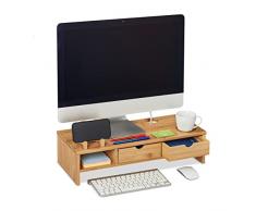 Relaxdays Soporte Bambú 2 Cajones, Elevador Pantalla Ordenador, Base Monitor Laptop 13x54x23cm, Madera Natural, 100%