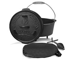 VOUNOT Olla Horno Holandés 9L Cacerola Hierro Fundido con Piernas, Dutch Oven con Tapa Hermética, Elevador, Bolsa de Almacenar, para Camping Cocina Casera Barbacoa