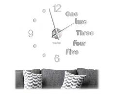 Relaxdays DIY - Reloj Adhesivo de Pared con nÃºmeros y Palabras, tamaÃ±o Variable, Moderno, 3D, Plateado, 1 Unidad