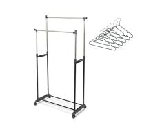 Compactor Perchero doble Ajustable con 4 Ruedas, Incluye 6 Perchas de Metal, fabricado en Acero y Plástico, 78 x 42 x H.85/165 cm, Negro/Plata, RAN10663