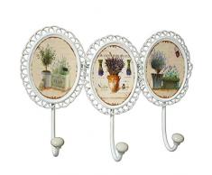 DRW Perchero Pared Hierro Ovalado Estilo Vintage de 3 Ganchos Acabado en Color Blanco decape con Motivos de Flores .Medidas 25 * 34cm