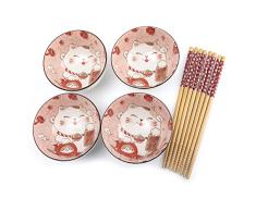 lachineuse - Juego de 4 cuencos Maneki Neko - Tazones de arroz, desayuno y sopa - Vajilla japonesa de porcelana - Con palillos - Gato de la suerte - Regalo japonÃ©s Kawaii JapÃ³n - Blanco & Rojo