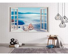 Oedim - Vinilo Ventana Vistas al Mar Desde Grecia | 50x40cm | Adhesivo Incluido | Decoracion Habitación| Pegatina Adhesiva | Multicolor | Diseño Profesional