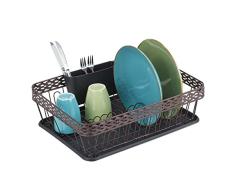 Relaxdays Escurreplatos, Escurridor Platos, Portacubiertos y Bandeja, Metal y PlÃ¡stico, Secador Cocina Fregadero, MarrÃ³n, 70% Acero 30%, 9,5 x 18,5 x 6 cm