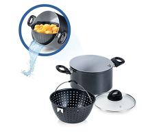 Genius Cerafit Magic Pot A24661 - BaterÃ­a de cocina (20 cm, olla de 3,7 L, con colador y tapa de cristal para cocinar, girar, cocer y servir pasta), color negro