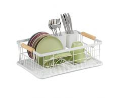 Relaxdays Secaplatos, con Cesto de Cubiertos y Bandeja de Goteo, Escurridor Platos de PlÃ¡stico, Metal, en Color Blanco, 50% Hierro 40% 10% Madera, 15,5 x 42 x 31 cm