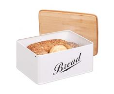 Relaxdays Panera con diseño Retro, Tapa de bambú, Inscripción «Bread», Metal, 14 x 30,5 x 23,5 cm, Blanco, marrón Claro, Negro