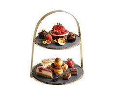 Artesà Soporte para Tartas, 2 Pisos, con Fuentes Redondas de Pizarra y Acabado Latón, 29,5 x 29,5 x 35 cm