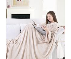 DecoKing Manta con Mangas de Microfibra y Bolsillos Forro Polar Suave y cálido con Compartimento para los pies 170x200 cm Crema Lazy