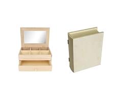 Artemio - Joyero (Madera Sin Tratar, 25 X 17,5 X 11,5 Cm, 6 Compartimentos, 1 Cajón, Espejo En Tapa) + - Caja Con Forma De Libro (17 X 21 X 7 Cm, Madera), Color Beige