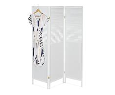 Relaxdays Biombo, 176 x 132 cm, Separador Ambientes, Plegable, Lamas Madera, 3 Paneles, Divisor, Persianas, MDF, Blanco, 1 Pieza
