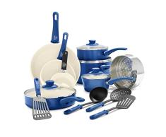 GreenLife Soft Grip Juego de 16 ollas y sartenes de cerÃ¡mica antiadherente, incluye sartÃ©n, cacerola y cazo, sin PFAS, apto para lavavajillas, apto para horno, azul