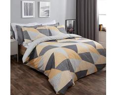 Dreamscene Juego de Cama Compuesto por Funda de edredón geométrica y Fundas de Almohada de Estilo escandinavo, Color Amarillo Mostaza/Ocre y Gris, tamaño Doble