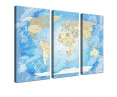 LanaKK mapamundi con corcho para fijar los destinos - Lámina sobre bastidor camilla en azul, enmarcado en tres partes, 150 x 100 cm, español