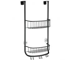 iDesign Organizador de ducha para colgar, pequeña estanterÃa colgante de metal con 2 baldas y 3 ganchos dobles, cesta de ducha para la cabina de ducha, negro