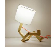 BarcelonaLED Lámpara de Mesa Nórdica Madera Robot Muñeco Articulada Creativa con Pantalla Tela Blanca con Estante de libro para Mesilla de Noche Dormitorio Juvenil Infantil