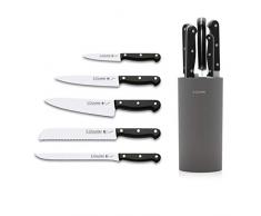 3 Claveles 28011 Juego de 5 Cuchillos de Cocina y Taco Universal, Verduras + Cocinero + Panero + Jamonero + Filetear, Negro