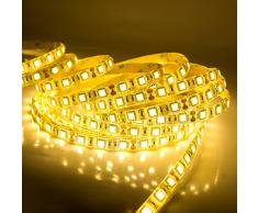 quntis® Agua Densidad LED Cinta 5 M Blanco Cálido 5050 SMD alta densidad 300 LED Tiras Luz Cadena Botones + Fuente (12 V 6 A) con enchufe UE, IP 65